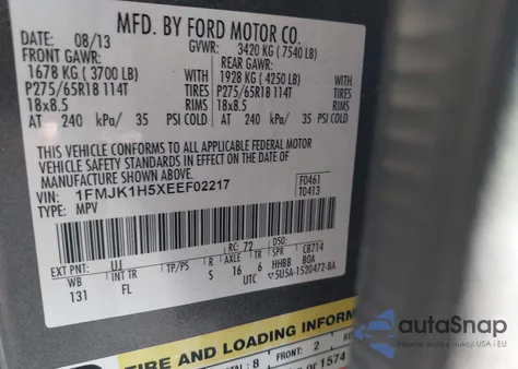 2014 Ford Expedition El Xlt из США, поврежденный, VIN 1FMJK1H5XEEF02217